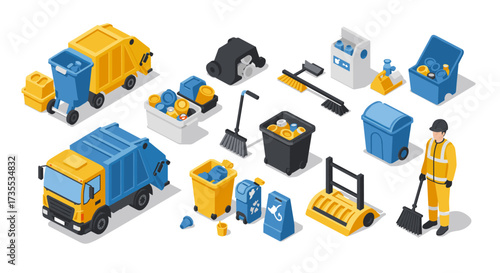 Isometric waste management equipment and tools for urban cleaning