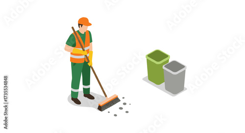 Isometric sanitation worker cleaning street near recycling bins