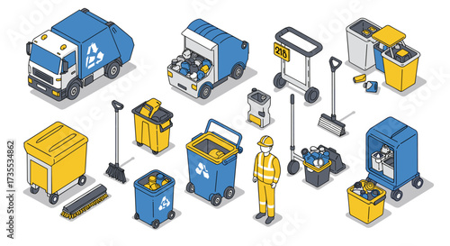 Isometric waste management recycling bins and collection trucks in urban cleanup scene