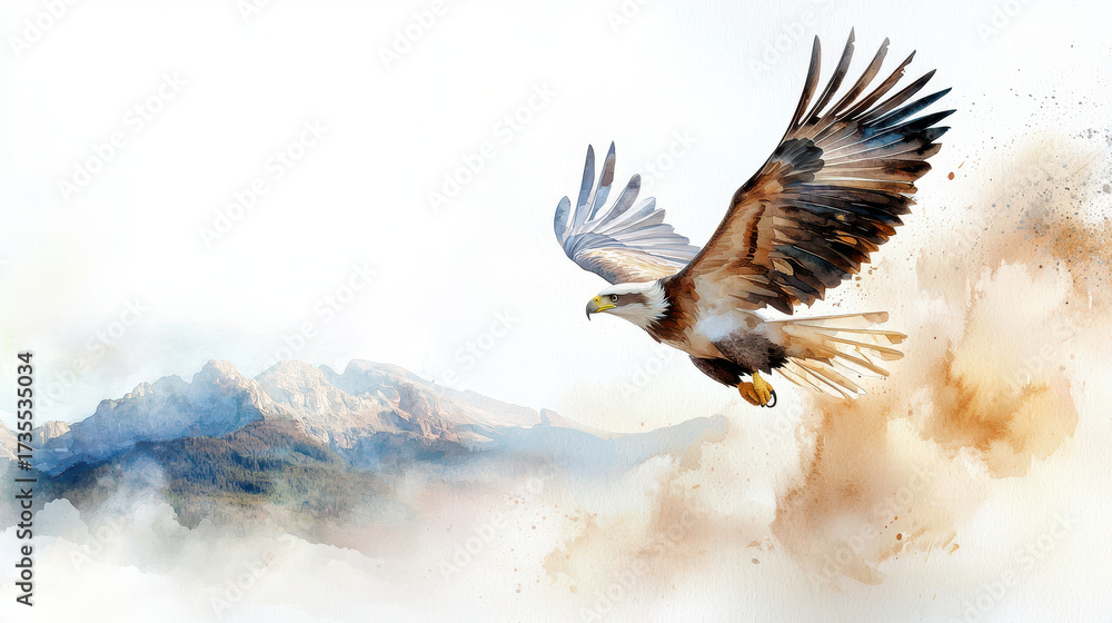 Obraz premium Majestic eagle soaring over mountains, showcasing strength and freedom in beautiful watercolor style