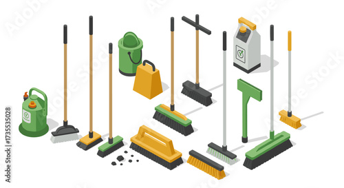 Isometric cleaning tools set with green and yellow equipment for household and outdoor use