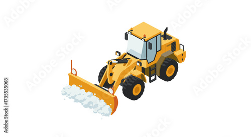 Isometric yellow snowplow on white background with piled snow