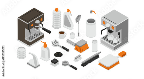 Isometric coffee maker and cleaning supplies scene with modern kitchen items