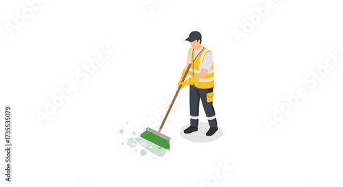 Isometric worker sweeping with broom for clean urban environment