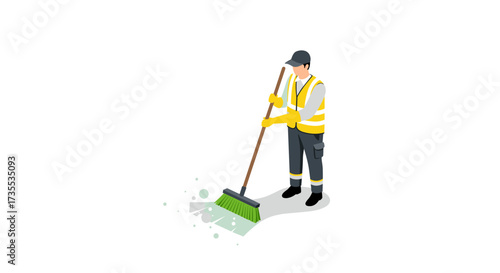 Isometric street cleaner in safety gear sweeping with broom