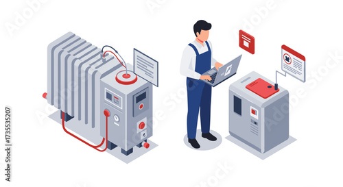 Isometric heating system technician with radiator and boiler controls