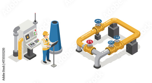 Isometric industrial automation with engineer and pipeline system in factory setting