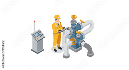 Industrial engineer operating control panel and valve system in isometric power plant setting