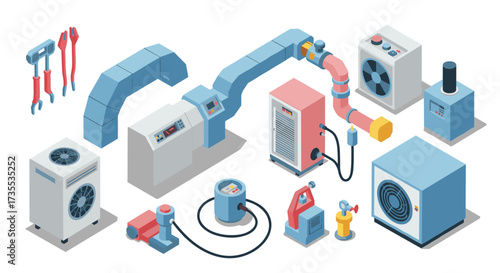 Isometric hvac equipment set with tools and pipes for industrial design