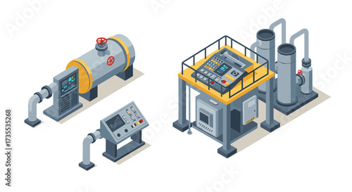 Industrial equipment isometric design featuring control panels and pipes