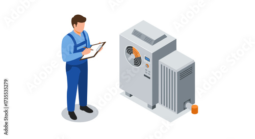 Technician inspecting modern hvac system with tablet in isometric style