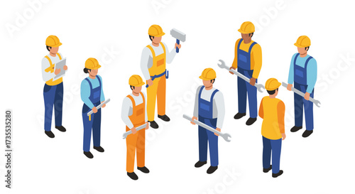 Construction team meeting in isometric style with workers and tools
