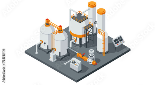Isometric factory equipment with tanks and pipelines for industrial automation concepts
