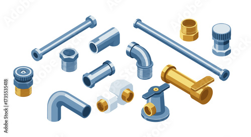 3d isometric plumbing pipes and fittings in blue and gold tones on white background