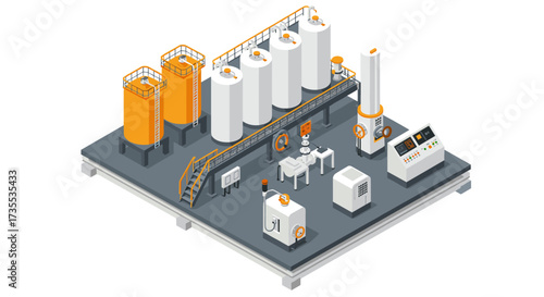 Isometric industrial factory with machinery and storage tanks in modern design