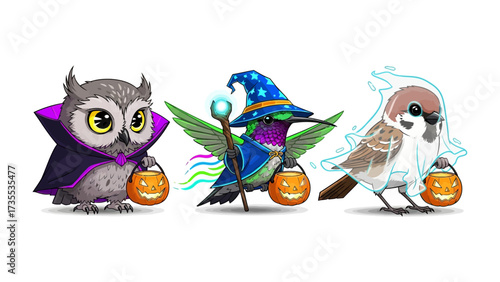 Whimsical Halloween Birds: Adorable owl dressed as a vampire, a hummingbird wizard, and a ghost sparrow stand ready for trick-or-treating, each clutching a pumpkin lantern.