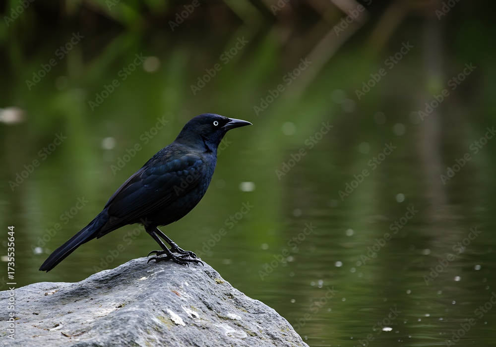 Fototapeta premium Common Grackle with Striking Eye Perched on Rock by Water. Generative Ai