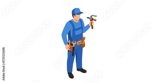 Isometric plumber holding a wrench in blue uniform with tool belt