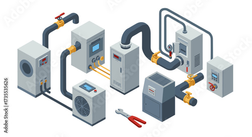 Isometric hvac system components with heating, cooling, and ventilation equipment