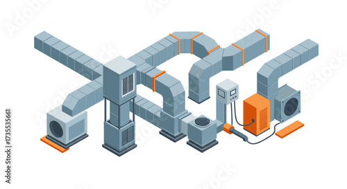 Isometric hvac system with ducts and fans in industrial design