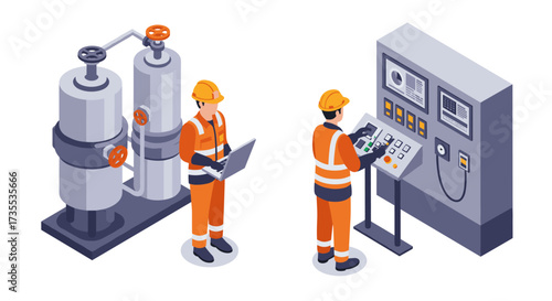 Isometric industrial engineers operate control systems in safety gear