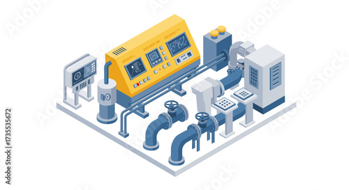 Isometric industrial automation system with control panel and pipes