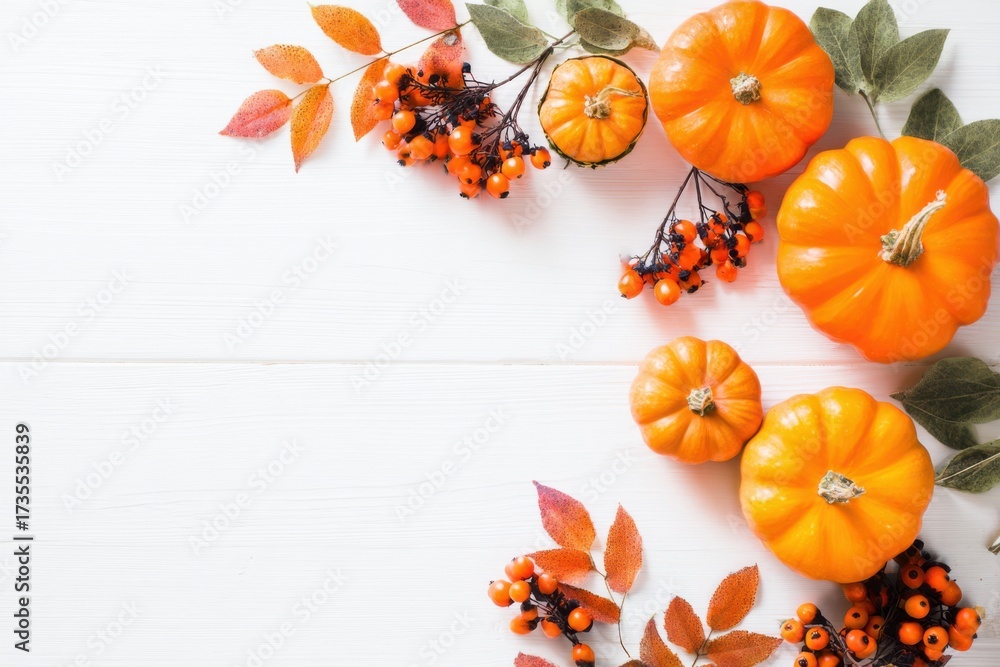 Fototapeta premium Autumn Decoration with Pumpkins, Berries, and Leaves