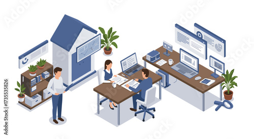 Modern office isometric design with people collaborating in workspace