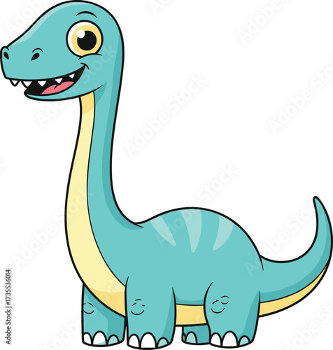 Cute cartoon dinosaur illustration with long neck, smiling prehistoric animal character, blue brontosaurus drawing, funny reptile artwork for kids education