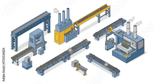 Isometric factory equipment with conveyor belts and industrial machines