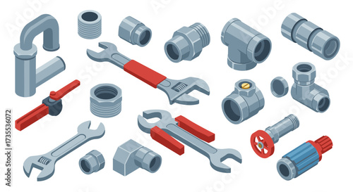 Isometric plumbing tools and fittings set for plumbing and repair projects