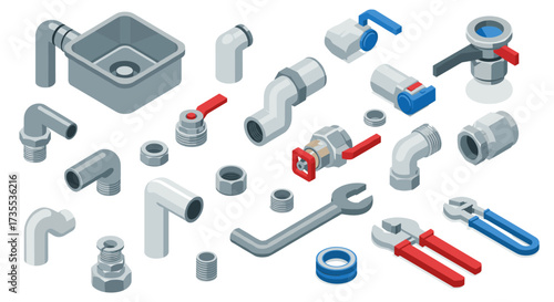 Comprehensive plumbing toolkit with isometric pipes and fittings for home improvement