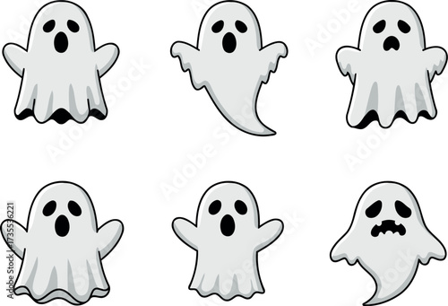 A collection of six cute cartoon ghosts with various spooky and surprised expressions, isolated on a white background.