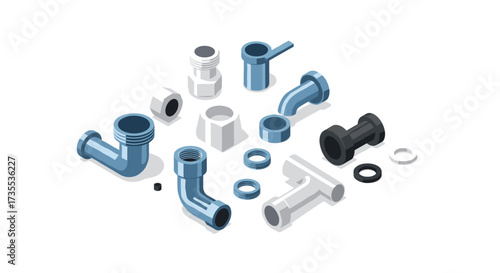 Isometric plumbing parts collection on white background