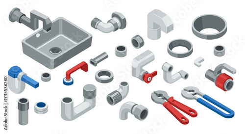 Isometric plumbing tools and fittings collection for construction and repair