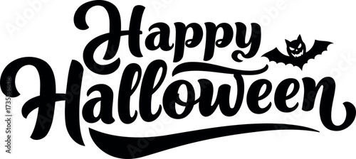Happy Halloween calligraphic lettering with a spooky bat silhouette, isolated on a white background.