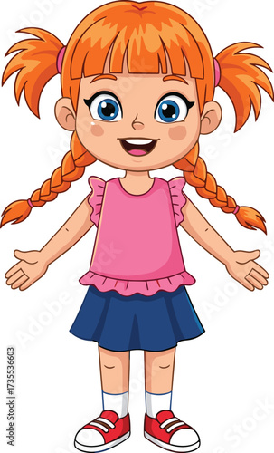 Cute cartoon girl with red hair braids, happy child character illustration, smiling little kid in pink shirt and blue skirt