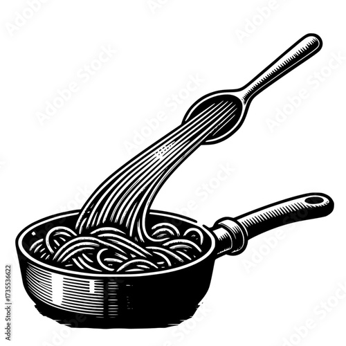 pan with Italian spaghetti and spoon black vector icon with transparent background 