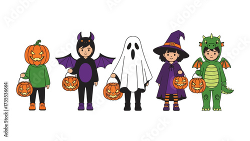 Halloween Delight: A colorful group of children in vibrant costumes, holding jack-o'-lantern buckets, ready for trick-or-treating fun. Capturing the innocent spirit and imaginative world of Halloween.