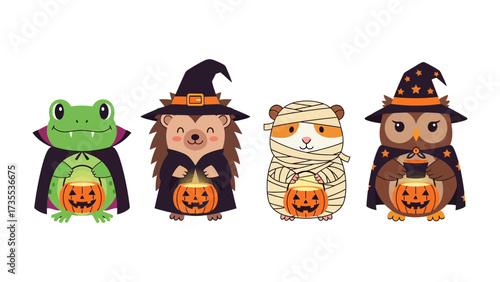Halloween Creatures Gathering: A charming collection of Halloween-themed creatures including frog, hedgehog, hamster and owl, all dressed up in festive costumes, celebrating the spooktacular holiday!