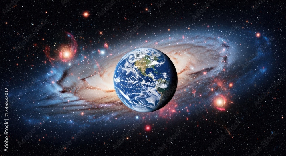 Naklejka premium Earth floats serenely against a majestic, swirling galaxy backdrop