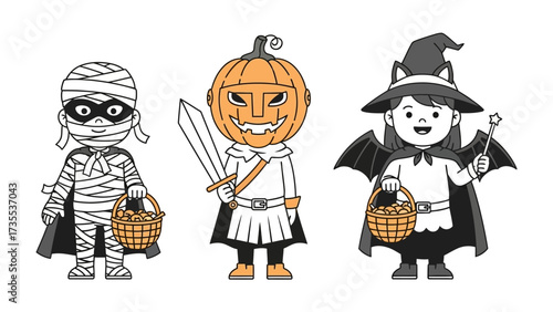 Halloween Characters: Halloween's magical celebration is illuminated by three kids, each meticulously clad in distinct outfits: a captivating mummy, a spirited jack-o'-lantern, and a bewitching witch.