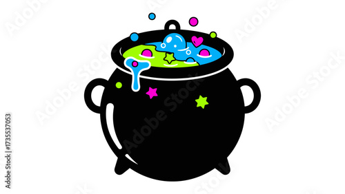 Magical Cauldron: A whimsical illustration of a bubbling cauldron, brimming with a potion of vibrant hues and enchanting bubbles, is a symbol of witchcraft and fantasy. 