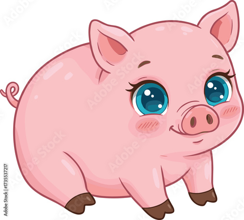 Cute cartoon pig illustration with big blue eyes, adorable baby piglet character, happy pink farm animal drawing, funny livestock design