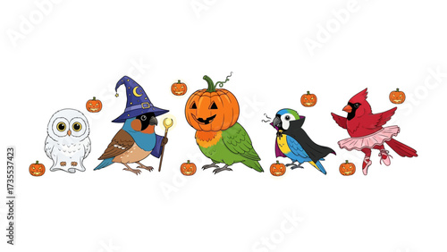 Halloween Costume Bird Fantasy: An enchanting gathering of adorable birds donning creative Halloween costumes, each bringing its unique charm, set against a festive background.