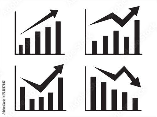 This image displays four minimalist bar graphs, each with an accompanying trend line. The top two graphs show upward trends, one consistently increasing and the other with a slight dip before rising. 