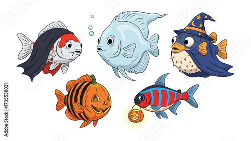 Fish Costume: Charming illustration of various fish playfully dressed in Halloween costumes, each exuding a unique blend of spookiness and charm