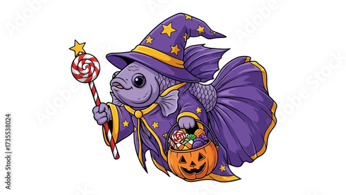 Mystical Betta Fish: A whimsical cartoon illustration depicts a betta fish in a wizard's hat and robe, casting a spell with a candy wand during Halloween.