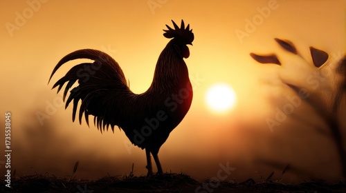 Sunrise Silhouette: A regal rooster, silhouetted against the warm glow of the morning sun, heralds the dawn with a proud stance, embodying the spirit of rural life.