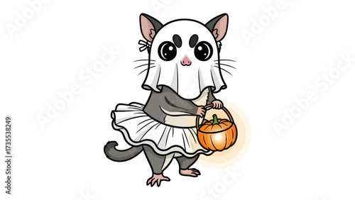 Spooky Sugar Glider's Halloween: A charming cartoon sugar glider dons a ghost costume, holding a glowing pumpkin bucket, perfect for Halloween joy.
